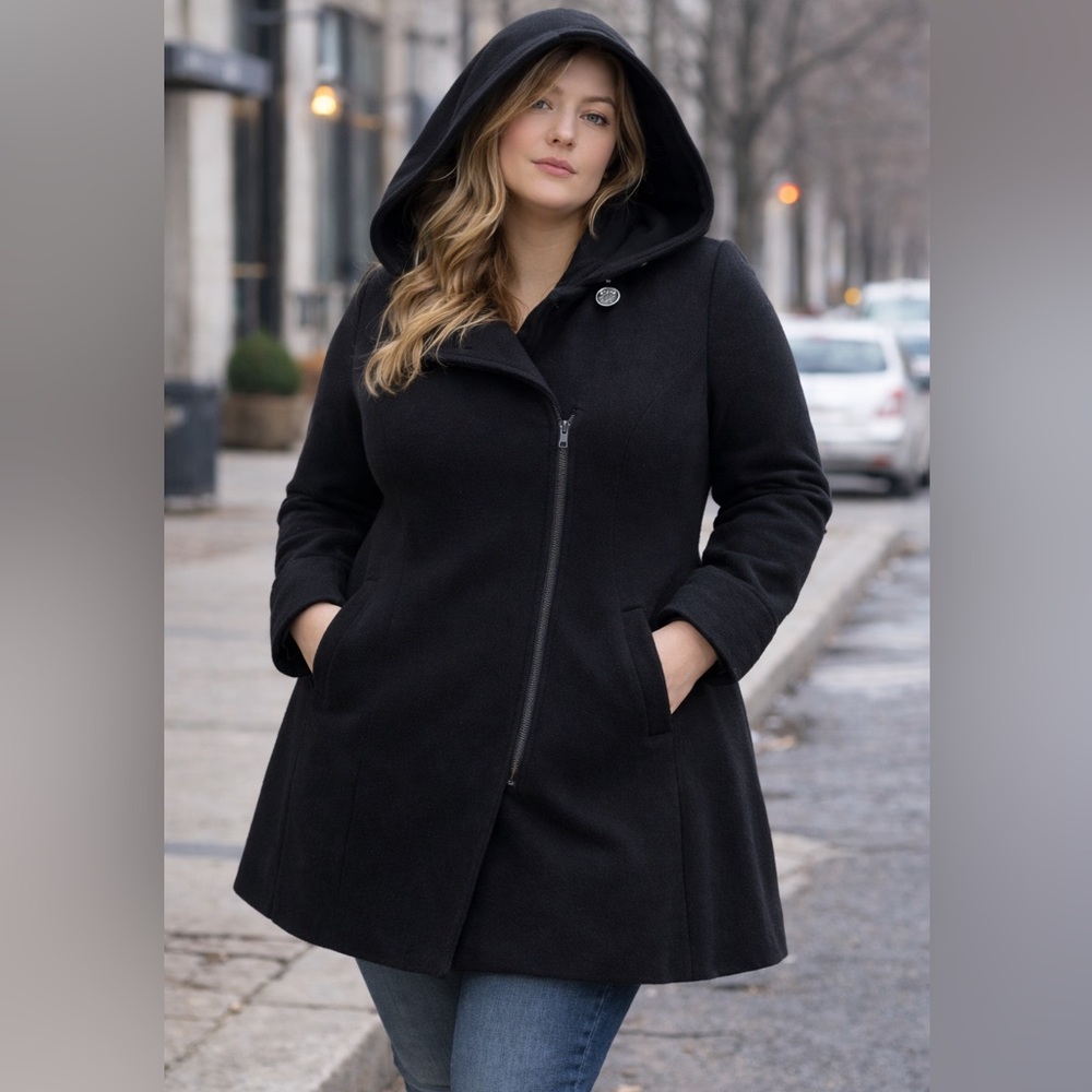 ELLABEE Black Hooded Wool-Blend Coat XXL